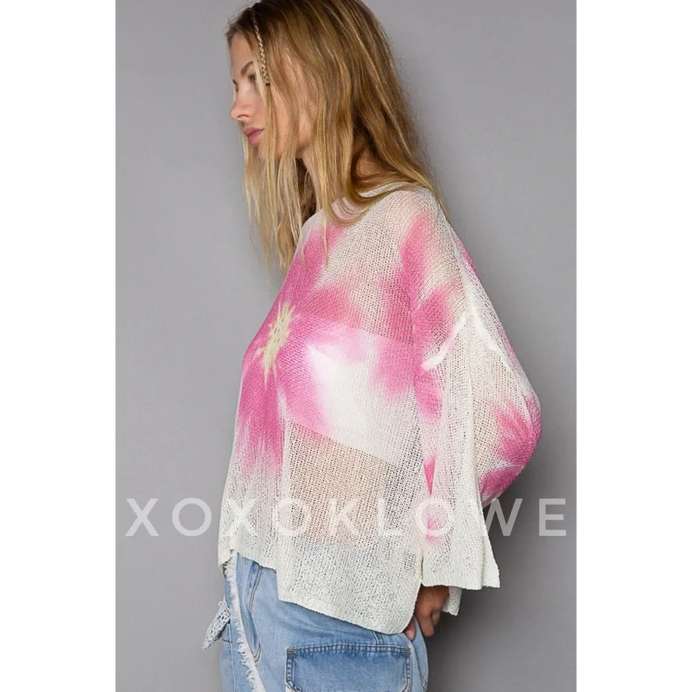 LAST ONE POL Pink Floral Print Wide Neck Lightweight Sweater Oversized - Picture 11 of 16